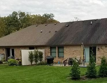 Roof before and after soft washing in Dayton, OH