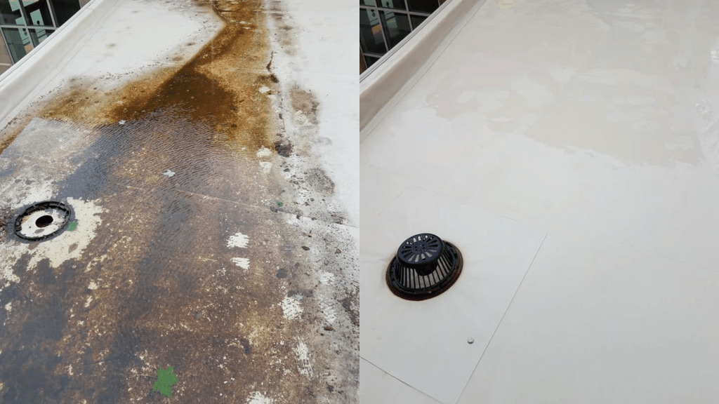 Prestige Pressure Washing clearing rooftop drains on warehouse