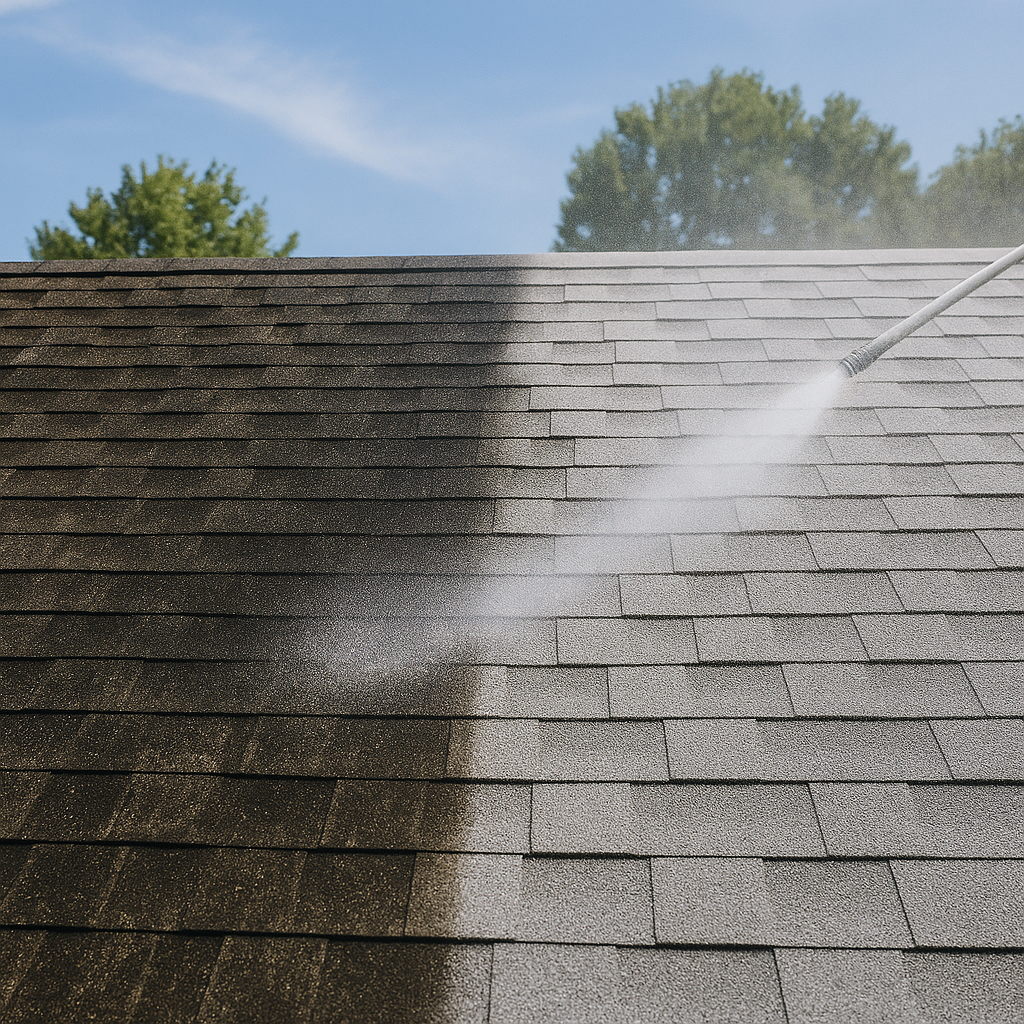 asphalt shingle roof being cleaned with soft wash system in Dayton Ohio