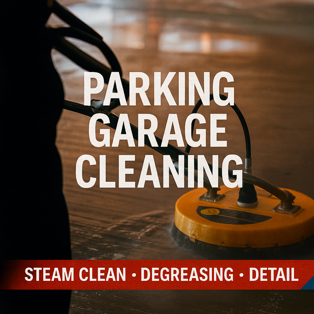 Freshly steam-cleaned parking garage deck with crisp lane stripes, clean curbs, and subtle Prestige red/blue accents, implying live-operations cleaning.