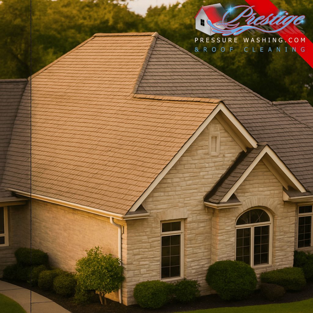 Non-pressure soft-wash roof cleaning on a luxury Dayton home—clean, even shingles and restored curb appeal by Prestige.