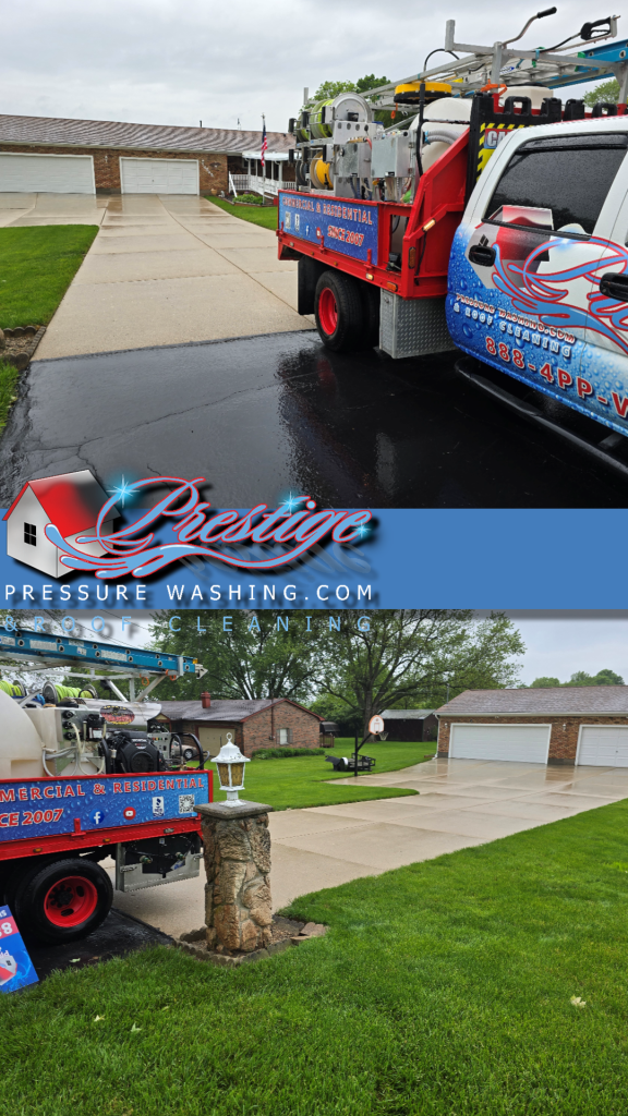 Prestige Pressure Washing cleaning siding gutters driveway and concrete patio in Dayton Ohio